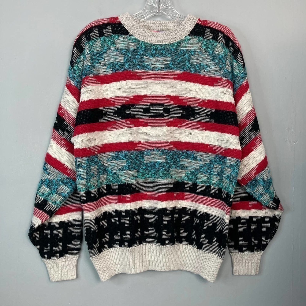 VINTAGE 90s Saturdays Southwestern Geometric Turquoise Red Black Sweater Size L